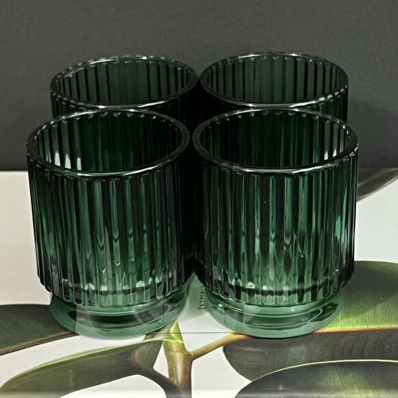 Ribbed Glass Votive Candle Holder Emerald Green Round Holiday Wedding Decor - Picture 6 of 17